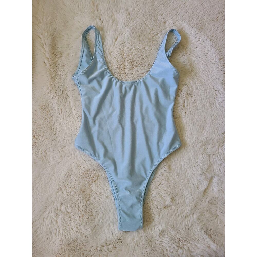 FOX SWIM light Blue Plunge Back One Piece Swim Suit Sz M